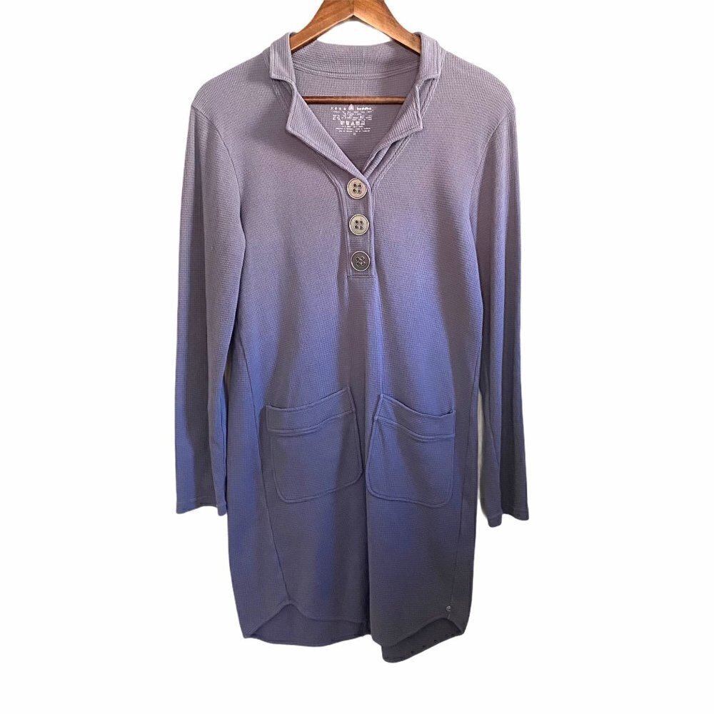 Neon Buddha Gray Waffle Long Sleeve Thermal Knit Chunky Button Pocket Mini Dress